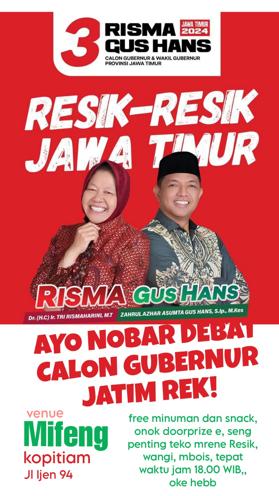 Debat Perdana, Pilgub Jatim 2024: Risma-Gus Hans Resik-resik Jatim Demi Tercapainya Kemakmuran dan Berkeadilan