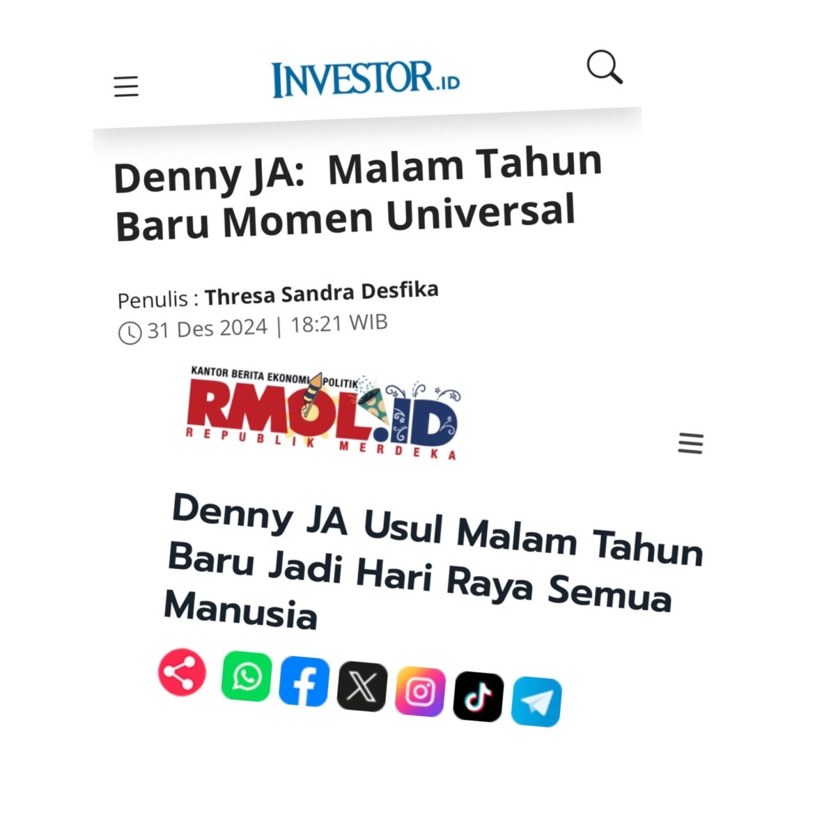 Denny JA Usulkan Malam Tahun Baru Dideklarasi Menjadi Hari Raya Bagi Semua Manusia di Seluruh Dunia